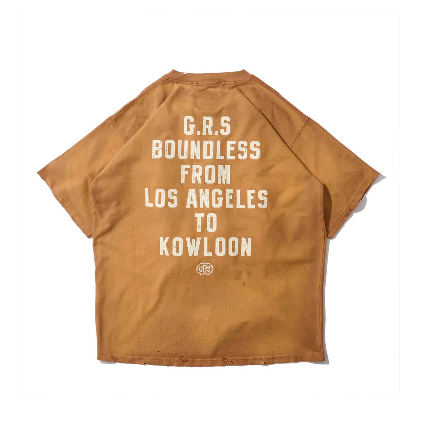 SUN FADED HAND STENCIL WASHED “KOWLOON” TEE / SEPIA BROWN