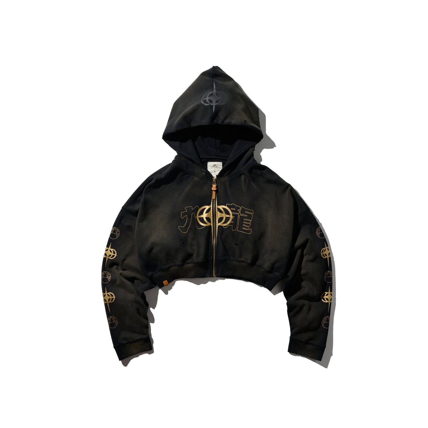 GRS x Triplet W Distressed “Kowloon” Cropped Zip-up Hoodie Black x Gold