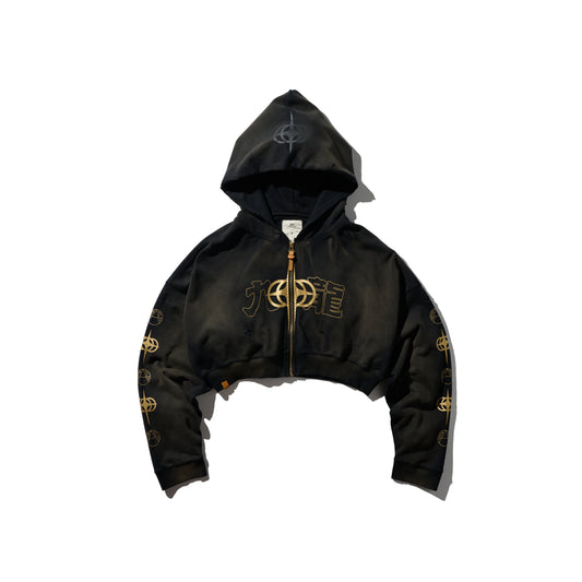 GRS x Triplet W Distressed “Kowloon” Cropped Zip-up Hoodie Black x Gold