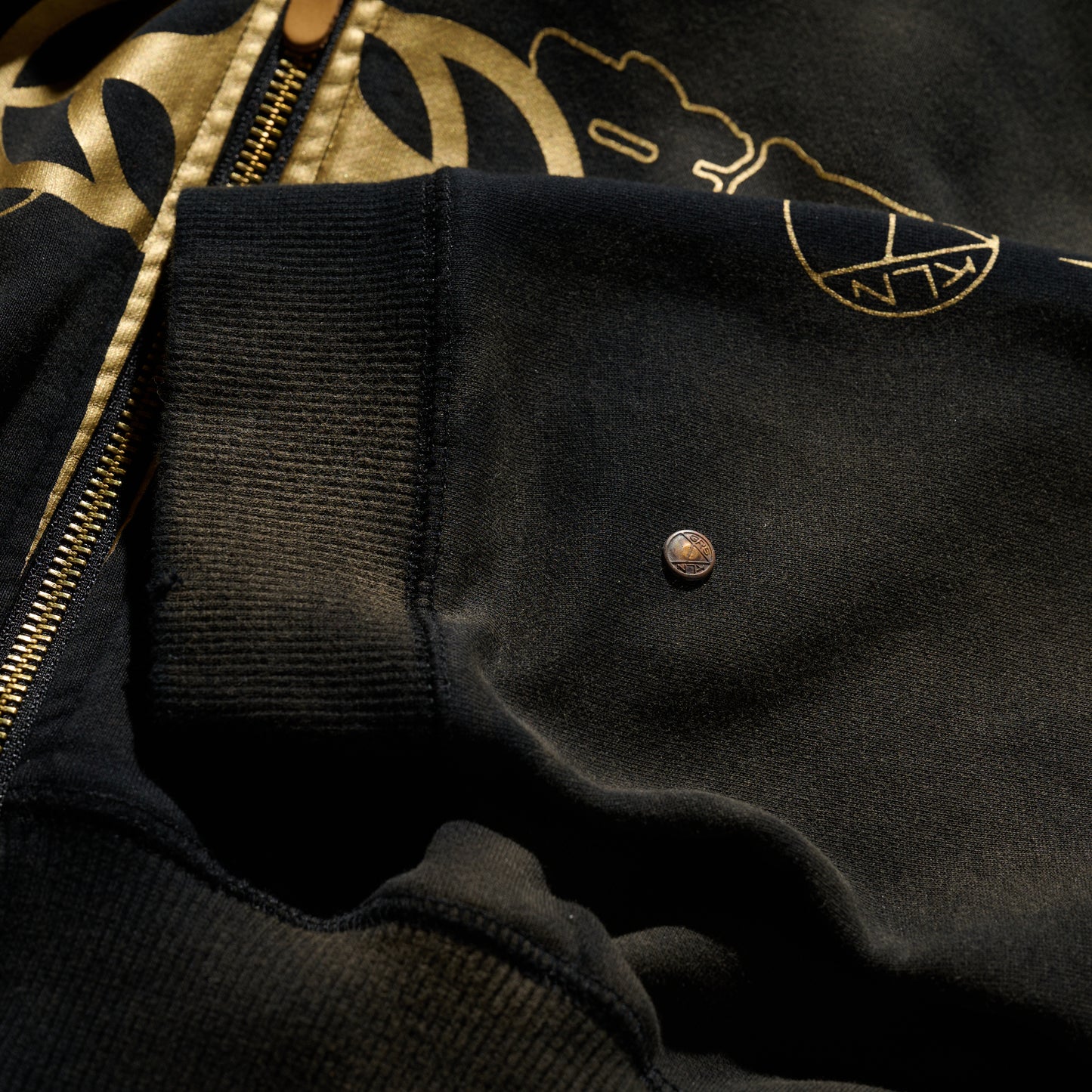 GRS x Triplet W Distressed “Kowloon” Cropped Zip-up Hoodie Black x Gold