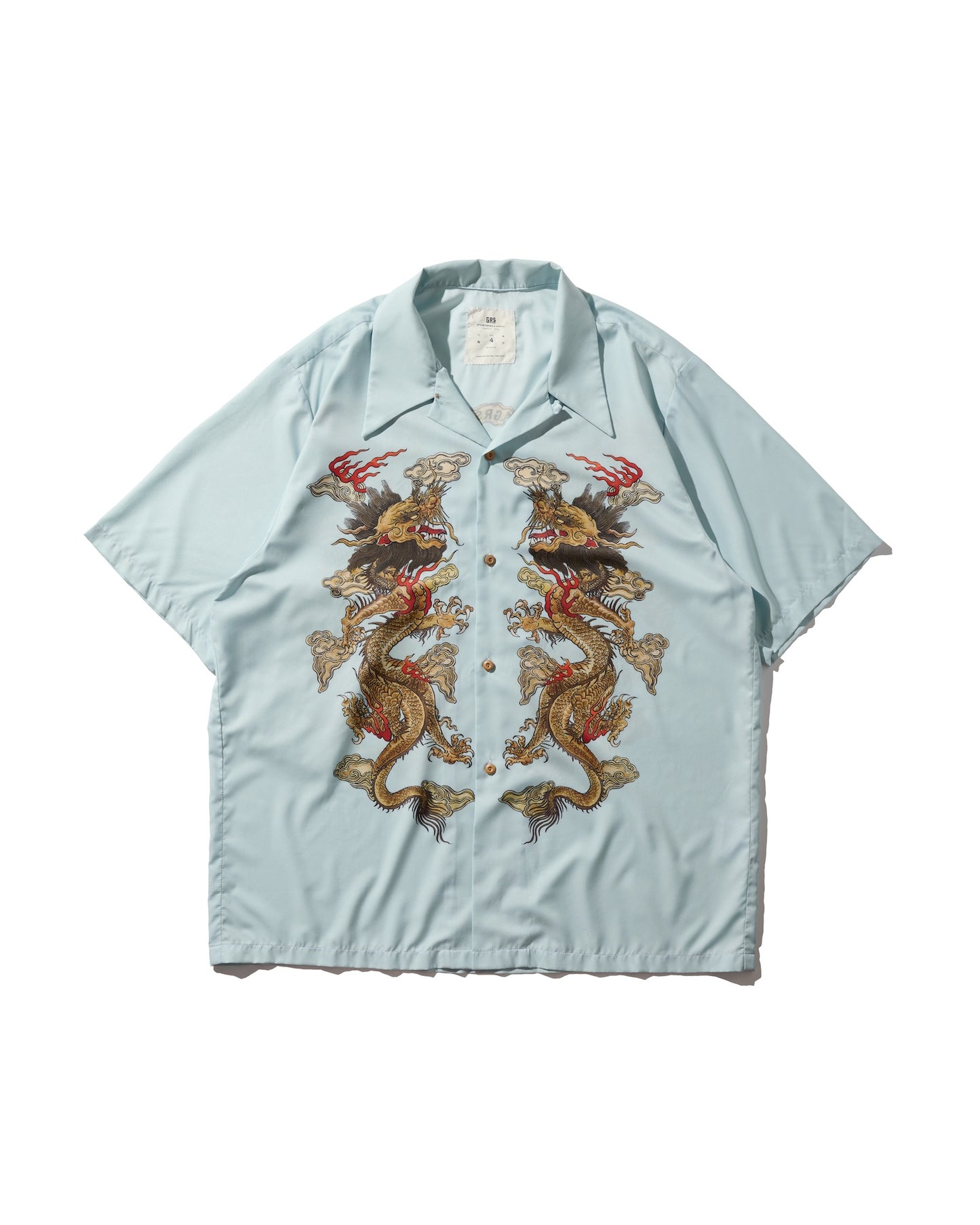 "Double Dragon" Overprint Camp Collar Shirt / Seaside Blue