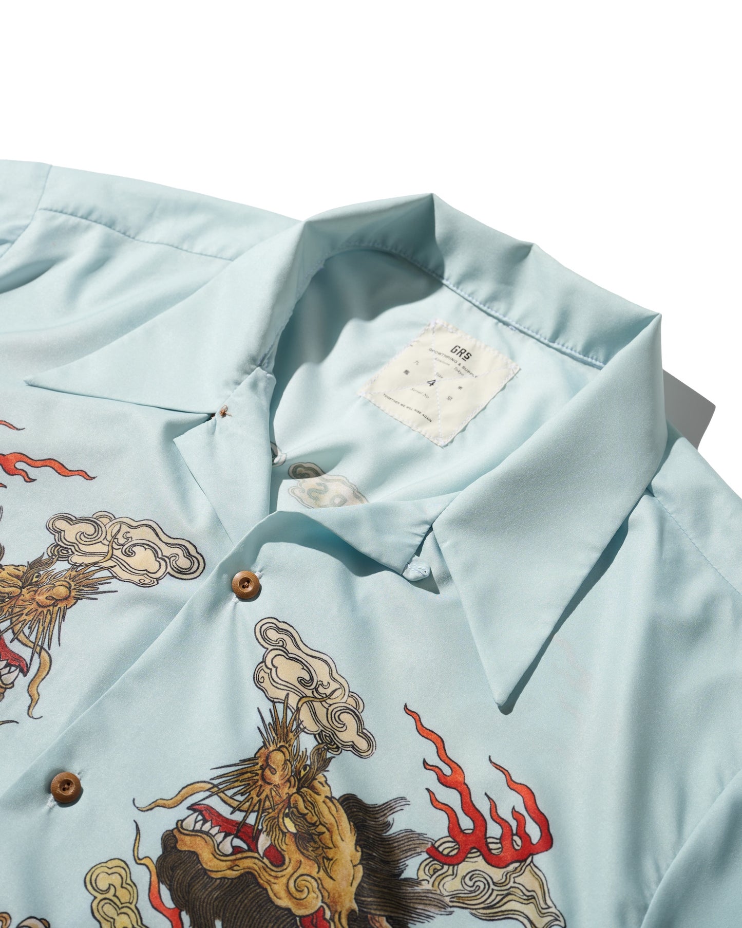 "Double Dragon" Overprint Camp Collar Shirt / Seaside Blue