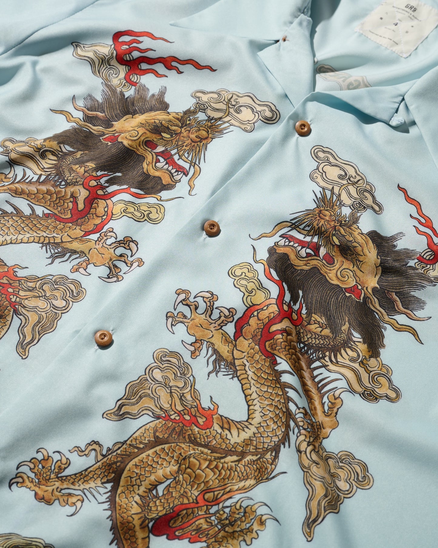 "Double Dragon" Overprint Camp Collar Shirt / Seaside Blue
