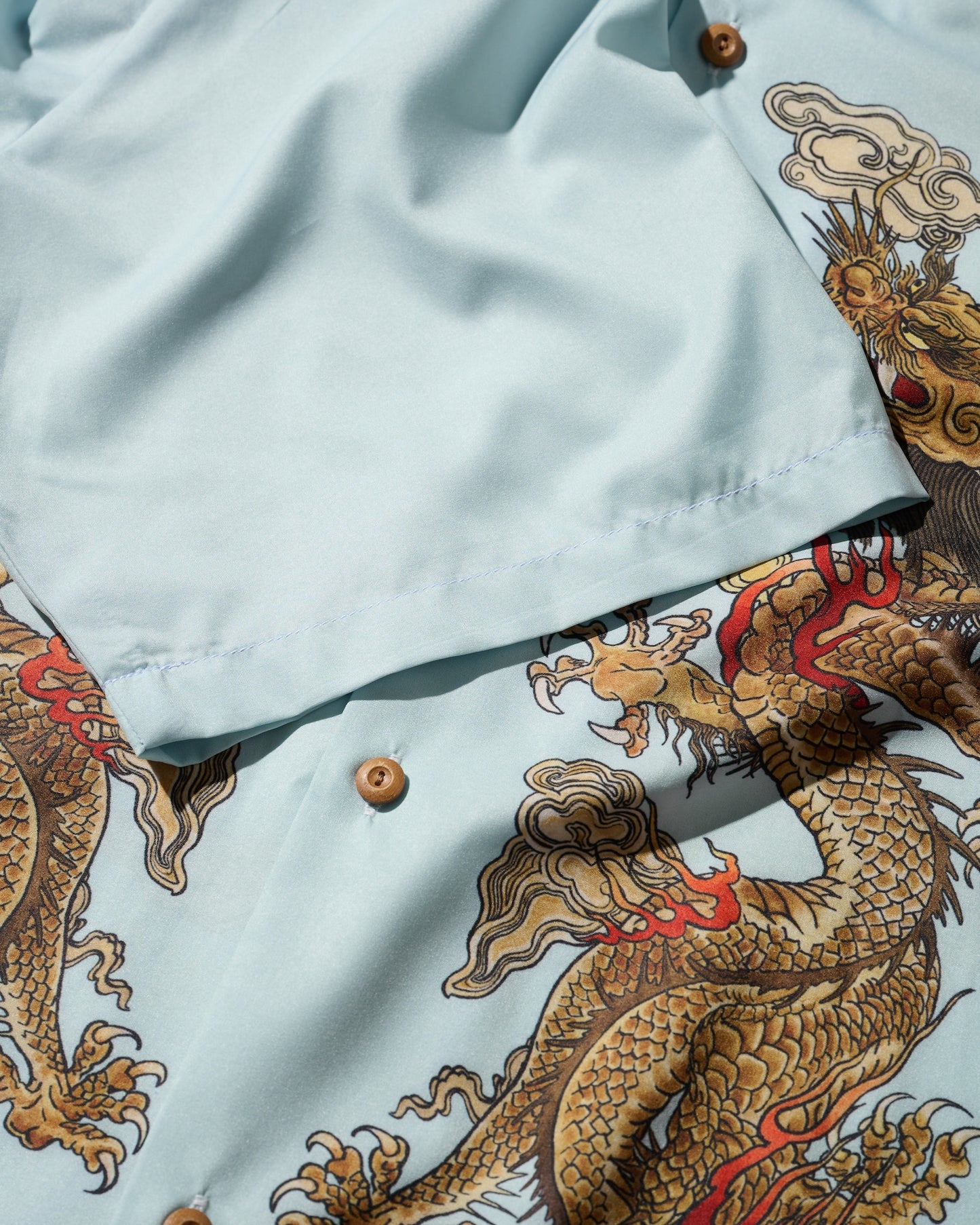 "Double Dragon" Overprint Camp Collar Shirt / Seaside Blue