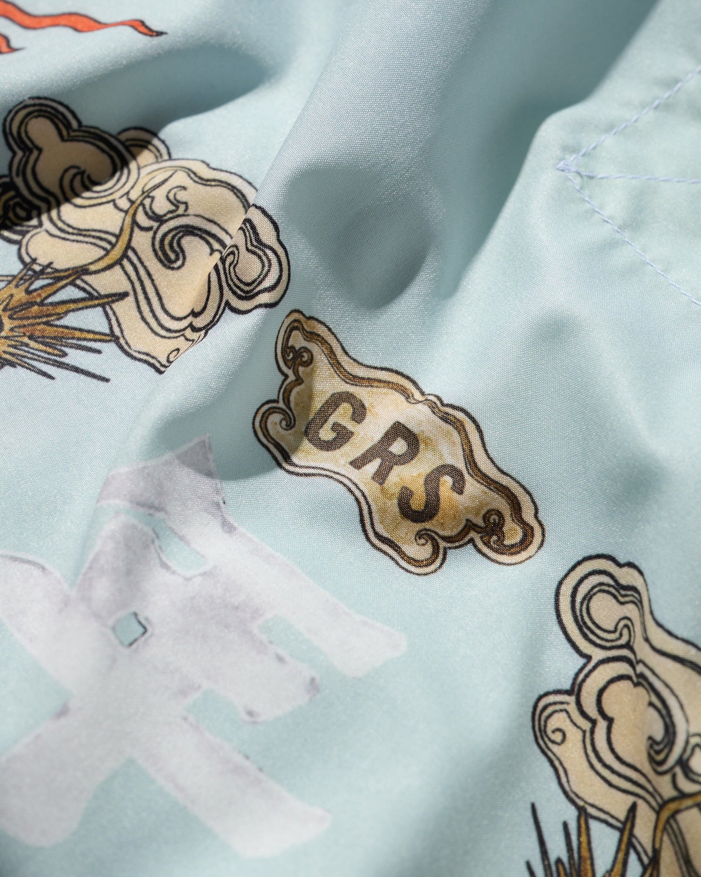 "Double Dragon" Overprint Camp Collar Shirt / Seaside Blue