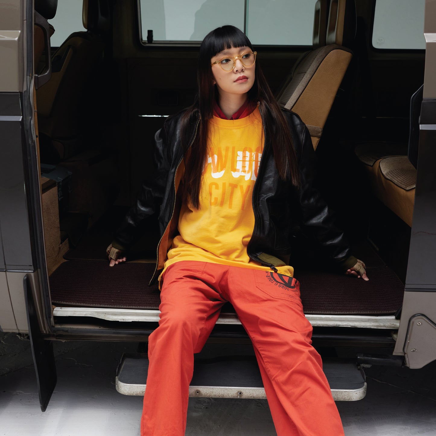 SUN FADED HAND STENCIL WASHED “KOWLOON” TEE / SIGNAL ORANGE