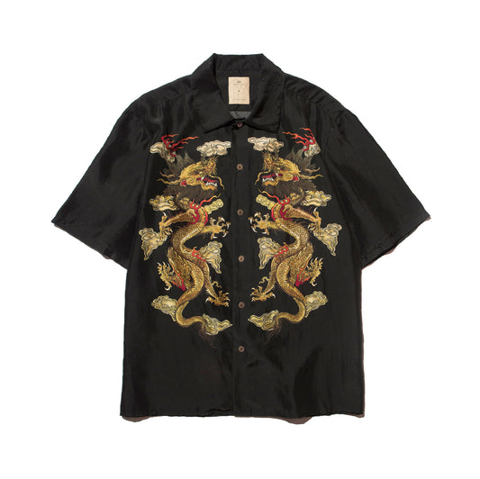 KOWLOON DOUBLE DRAGON PRINT SILK BOWLING SHIRT
