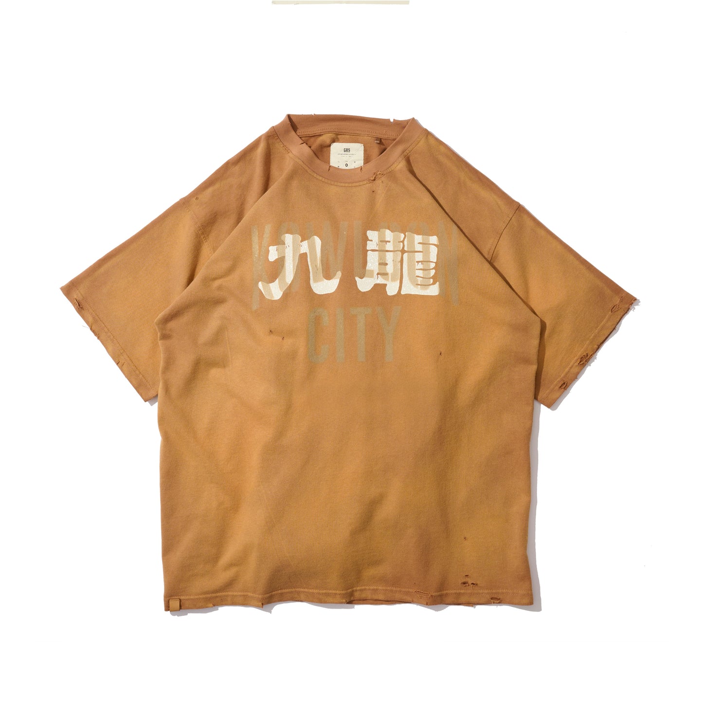 SUN FADED HAND STENCIL WASHED “KOWLOON” TEE / SEPIA BROWN