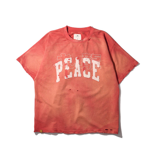 SUN FADED HEAVY DISTRESSED OVERSIZE PEACE TEE / BURGUNDY (HK EDITION)