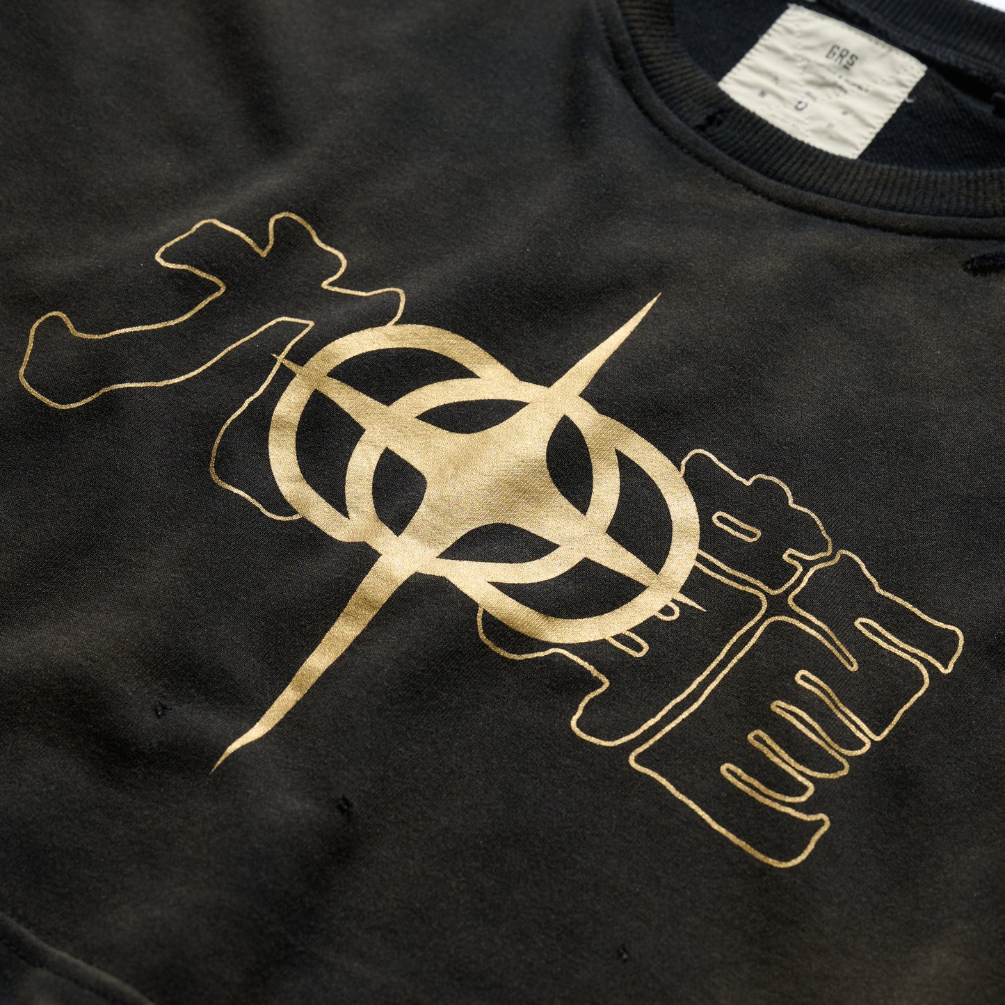 GRS x Triplet W Distressed "Kowloon" SS Sweat Top / Black x Gold