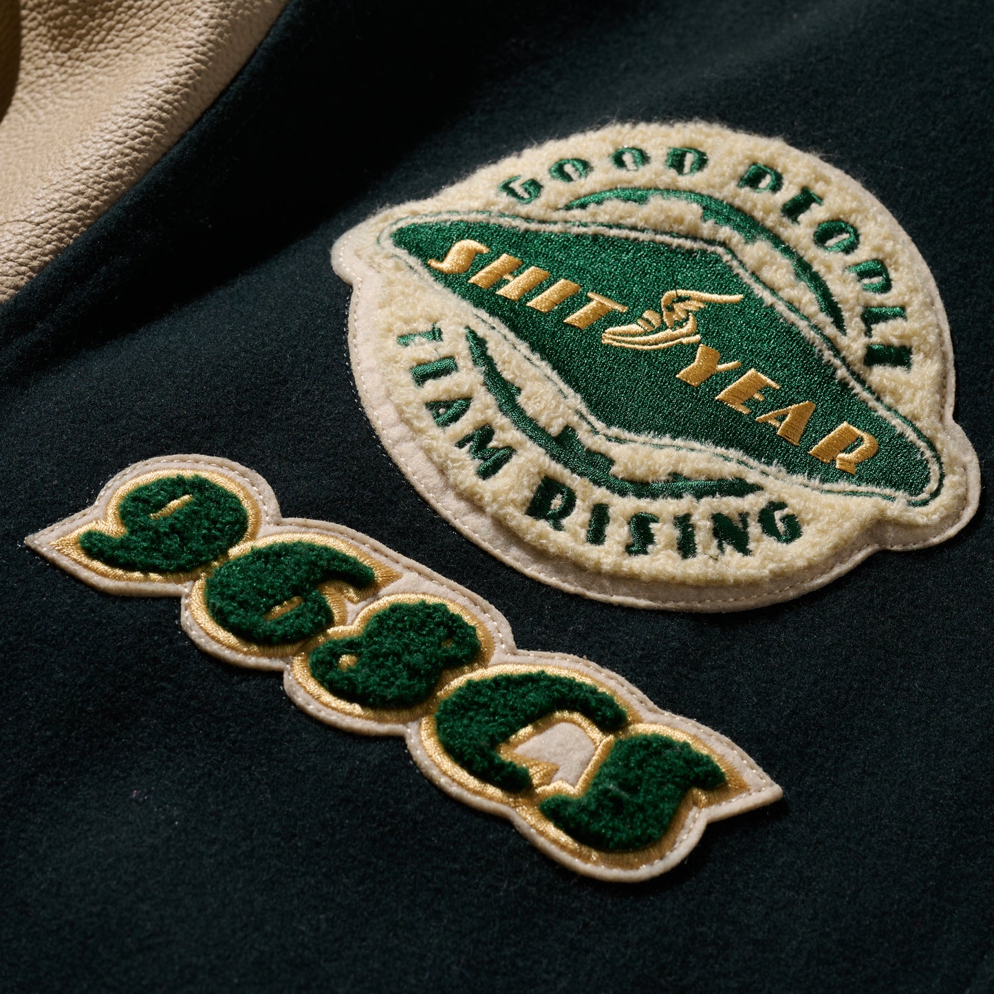 “Shit Year Good People” Cow Hide Varsity Jacket / Gotland Green + Gold