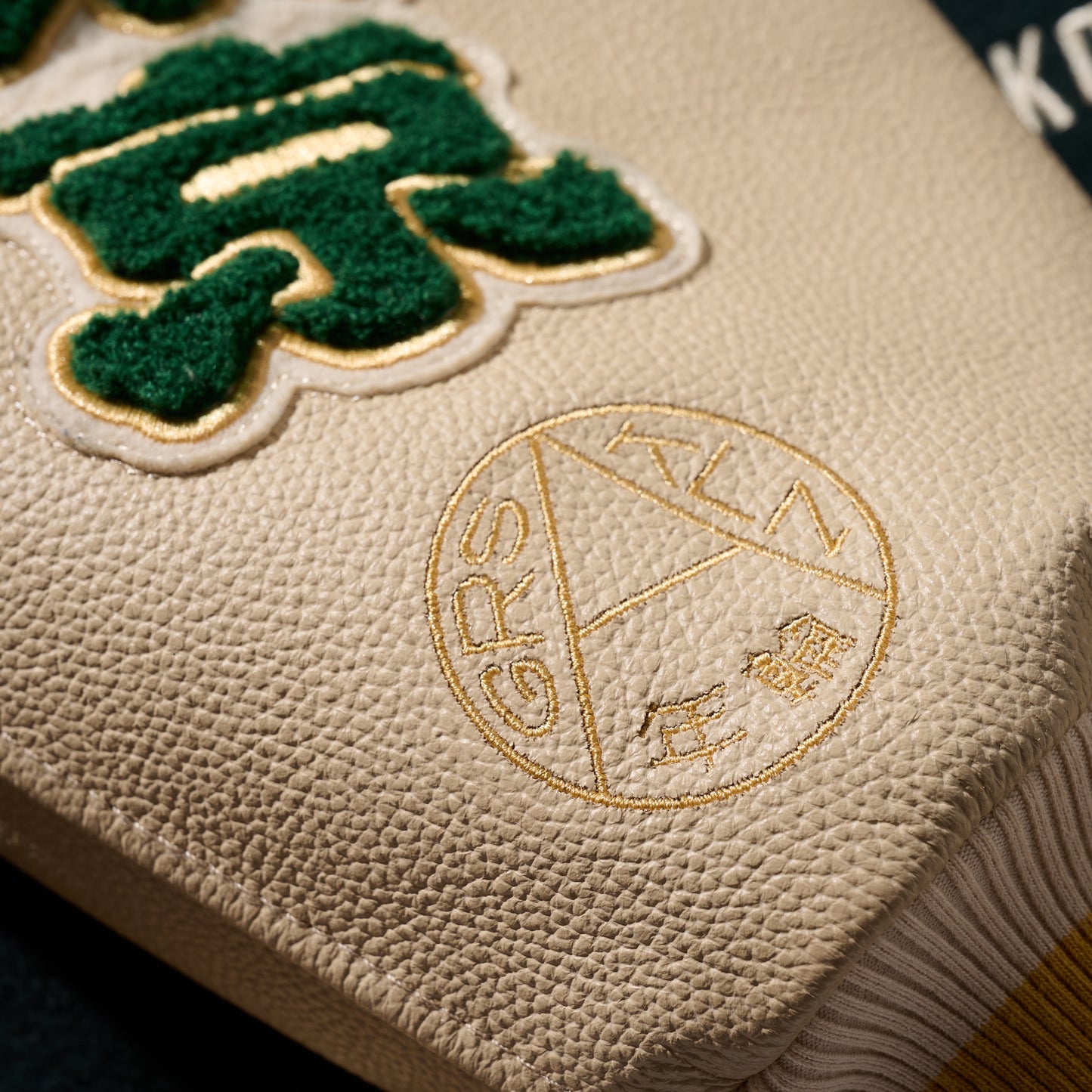 “Shit Year Good People” Cow Hide Varsity Jacket / Gotland Green + Gold