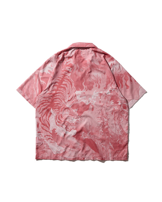 "Downhill Tiger & Dragon" Overprint Camp Collar Shirt / Dusty Pink