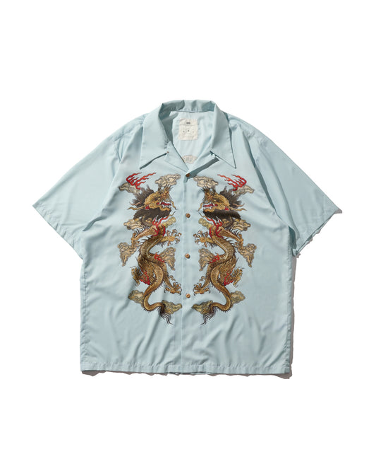 "Double Dragon" Overprint Camp Collar Shirt / Seaside Blue