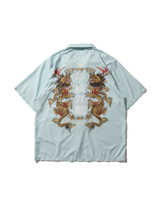 "Double Dragon" Overprint Camp Collar Shirt / Seaside Blue