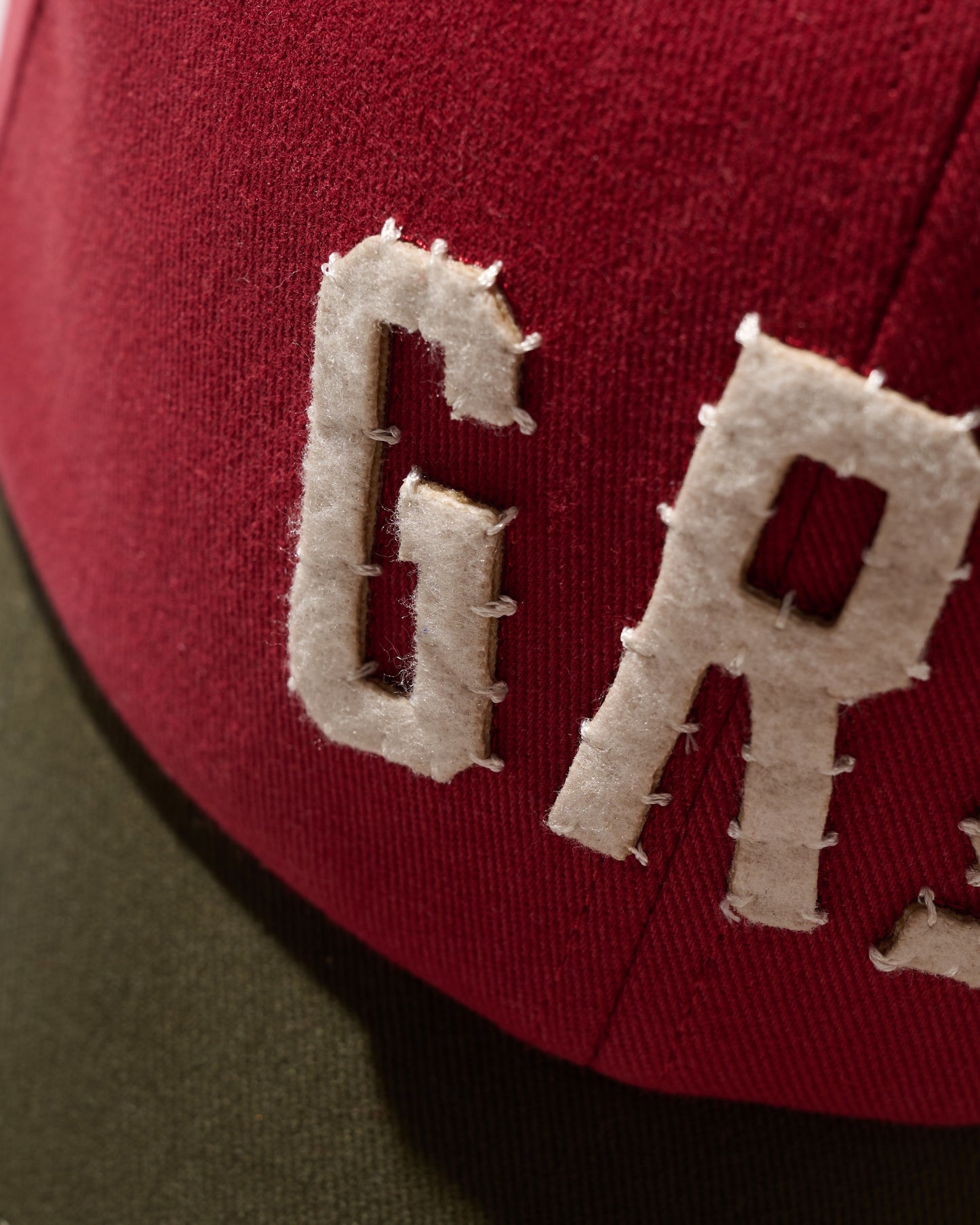 HAND QUILTED “GRS” TWO TONE CAP / OLIVE & RED