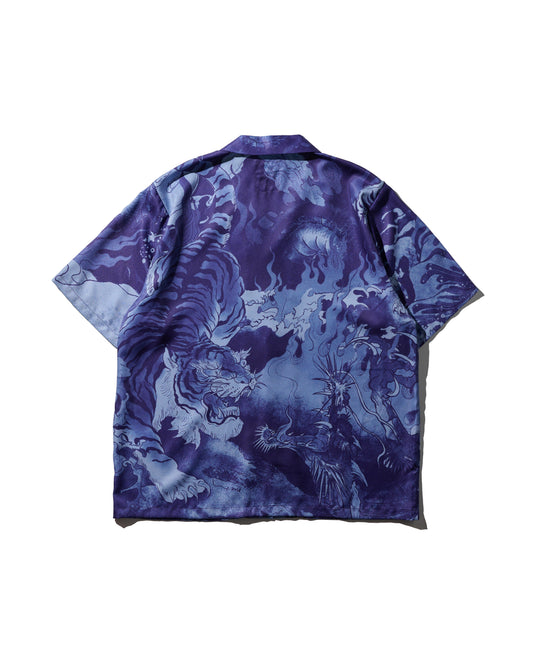 DRAGON & TIGER OVERPRINT CREPE SHIRT / INDIGO BLUE