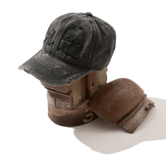 [PRE-ORDER] CITY OF DARKNESS FADED WASHED DISTRESSED LEATHER IN BLACK “KOWLOON” CAP