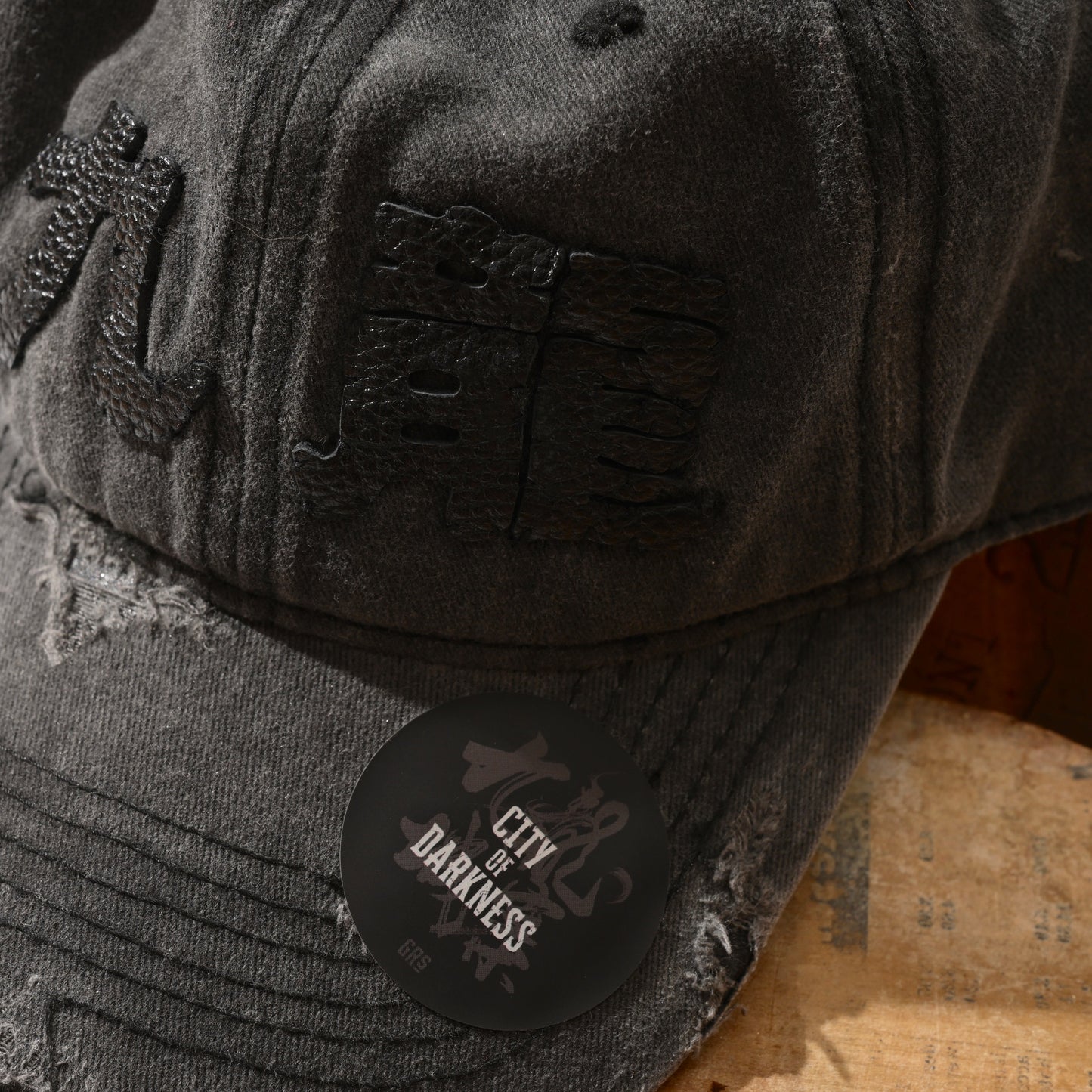 [RESTOCK PRE-ORDER] CITY OF DARKNESS FADED WASHED DISTRESSED LEATHER IN BLACK “KOWLOON” CAP